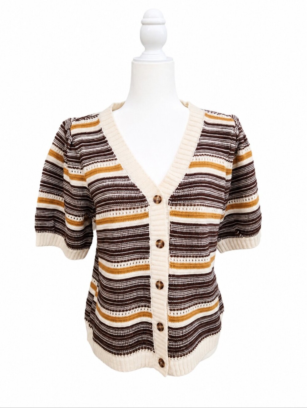Les Serein Striped Knit Cardigan Sweater L Short Sleeve V Neck Metallic